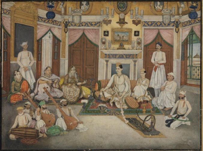 Mirza Fakhruddin, seated in the middle of entertainment, painted by Ghulam Ali Khan in 1852 (image courtesy www.academia.edu)